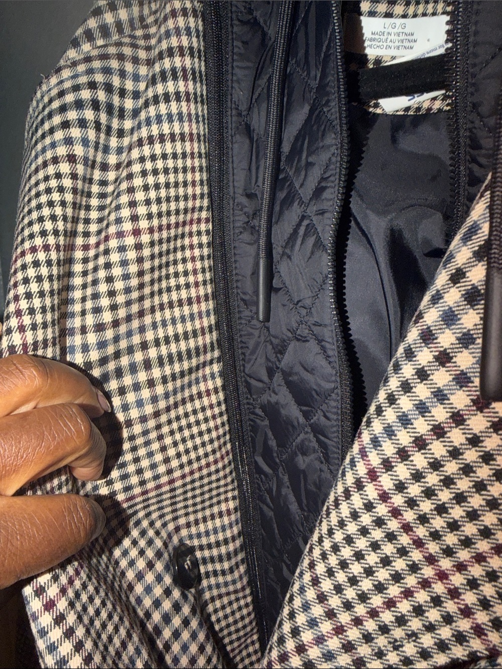 DKNY Black & White Houndstooth Double-Breasted Trench Coat with Detachable Hood - Picture 9 of 14